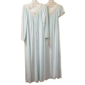 Shadowline Med Nylon & Lace Gown & Robe Peignoir set, Lt Blue, NWT, Satin Lustre